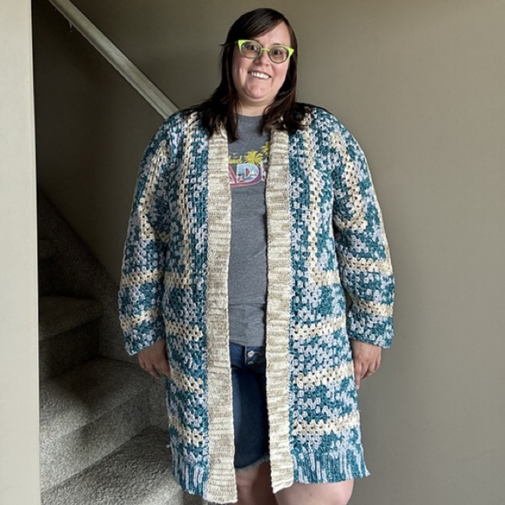 Handmade Crochet Blue and Cream Hexagon Cardigan